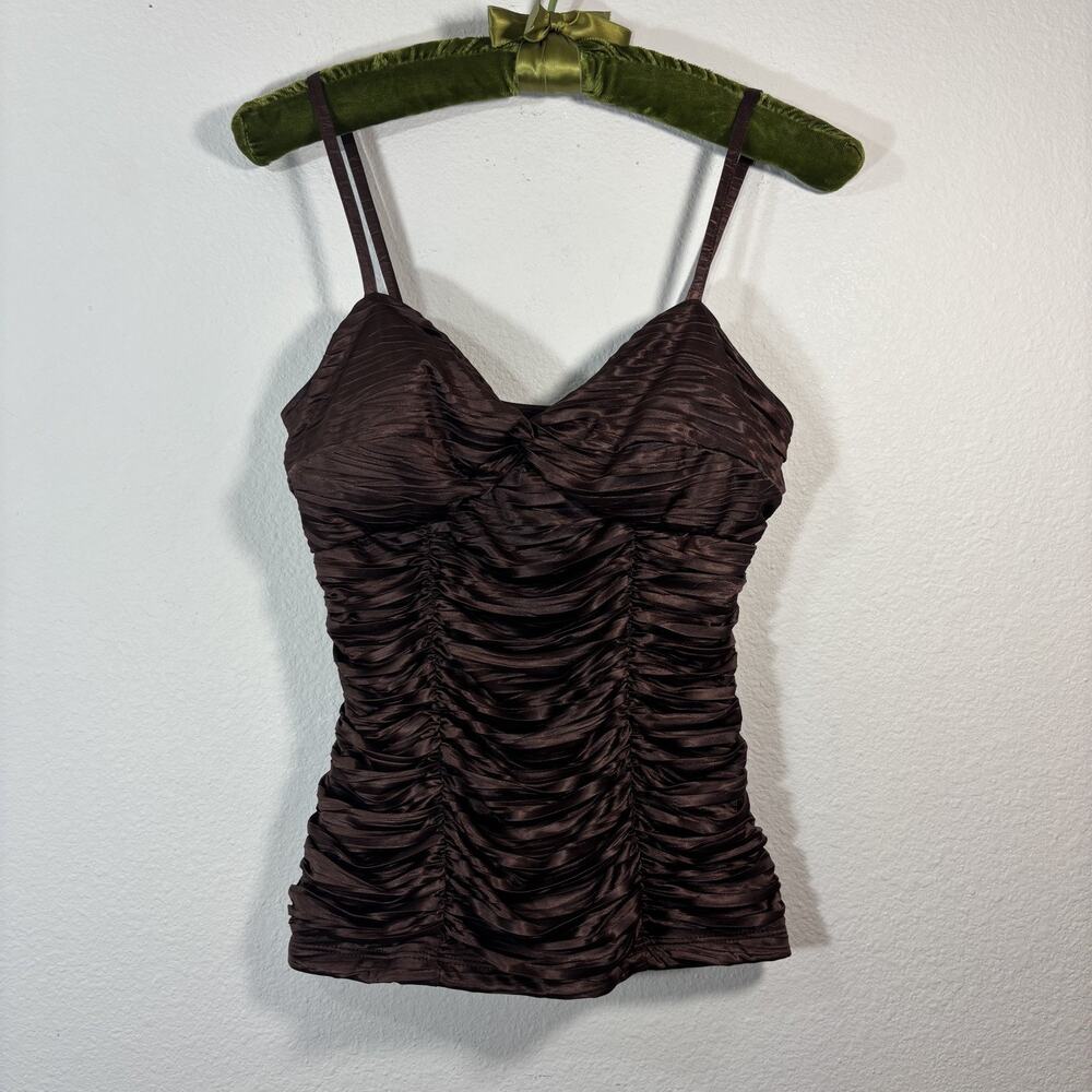 A Byer Vintage Y2k Cami Brown Satin Tank Top Ruched M Coquette Fairy Made In USA